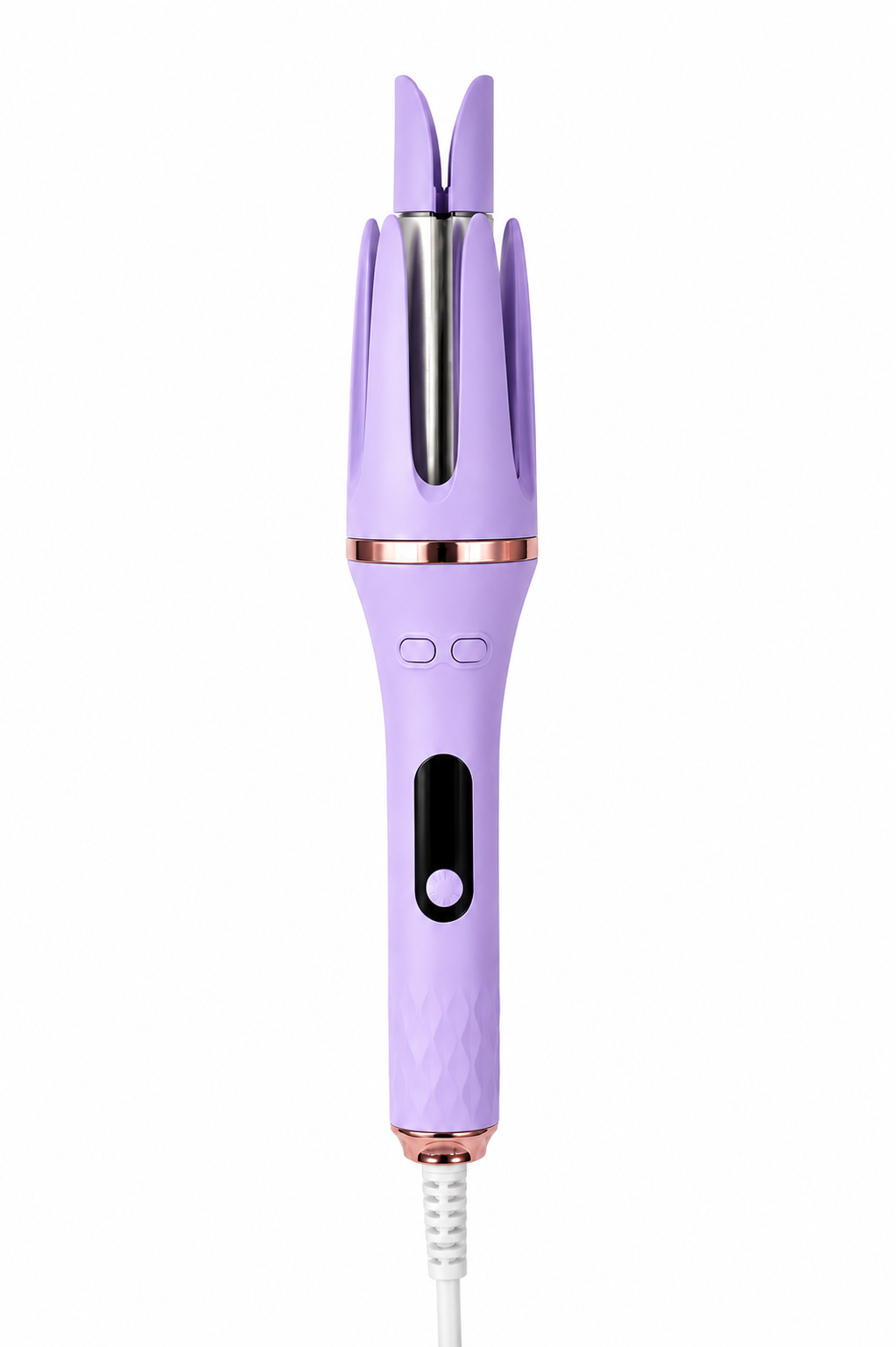 A lavender purple 3-cup curling iron with rose gold metallic accents and a black power button, shown on a plain white background.
