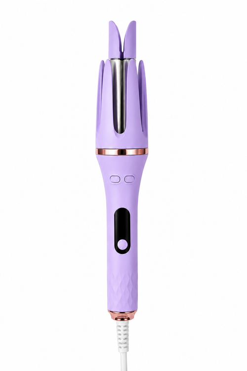 A lavender purple 3-cup curling iron with rose gold metallic accents and a black power button, shown on a plain white background.